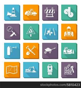 Road worker flat icons set with construction tools and machines isolated vector illustration. Road Worker Flat