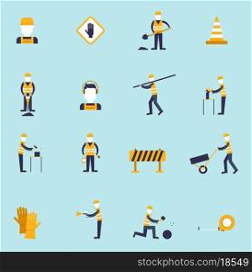 Road worker flat icons set with shovel cone hammer isolated vector illustration