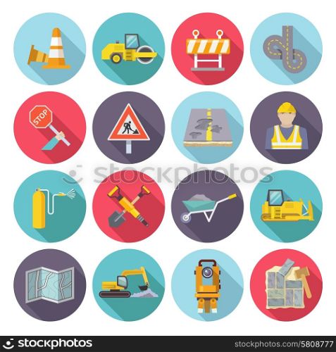 Road worker flat icons set with street repairing tools and warning signs isolated vector illustration. Road Worker Flat Icons