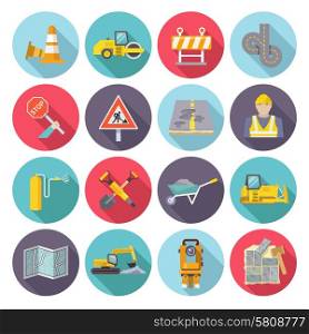 Road worker flat icons set with street repairing tools and warning signs isolated vector illustration. Road Worker Flat Icons