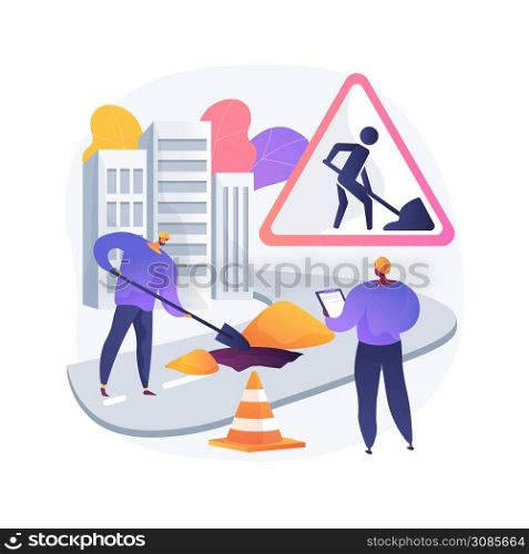 Road works abstract concept vector illustration. Road construction and repair, restricted driving conditions, partly motorway closure, detour due to works, speed limit sign abstract metaphor.. Road works abstract concept vector illustration.