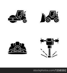 Road works black glyph icons set on white space. Bulldozer for construction work. Roller for paving. Laying asphalt. Builder equipment. Silhouette symbols. Vector isolated illustration