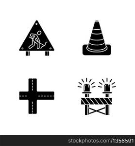 Road works black glyph icons set on white space. Construction ahead sign. Traffic cone. Crossroads, path intersection. Siren on barrier. Silhouette symbols. Vector isolated illustration
