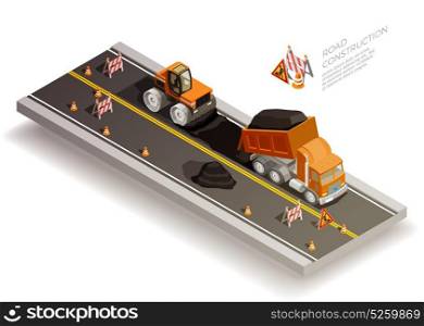 Road Works Construction Composition. Road construction pit collapse repairs isometric composition with traffic cones signs and road machinery laying asphalt vector illustration