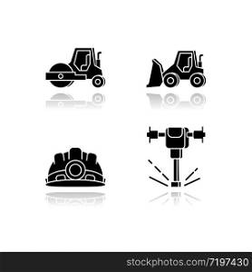 Road works drop shadow black glossy icons set. Bulldozer for construction work. Roller truck for paving. Laying asphalt. Builder equipment. Isolated vector illustrations on white space