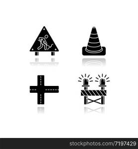 Road works drop shadow black glossy icons set. Construction ahead sign. Traffic cone. Crossroads and path intersection. Siren on barrier. Isolated vector illustrations on white space