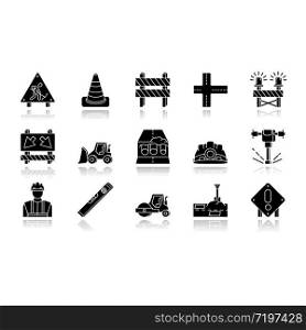 Road works drop shadow black glossy icons set. Roadsign for construction. Worker in safety helmet. Bulldozer truck. Roller for laying pavement. Isolated vector illustrations on white space