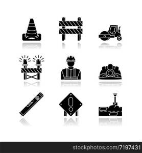 Road works drop shadow black glossy icons set. Traffic cone. Road barrier. Roller truck. Siren on path block. Builder and engineer equipment. Isolated vector illustrations on white space