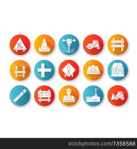 Road works flat design long shadow glyph icons set. Roadsign for construction. Worker in safety helmet. Bulldozer truck. Roller for laying pavement. Silhouette RGB color illustration