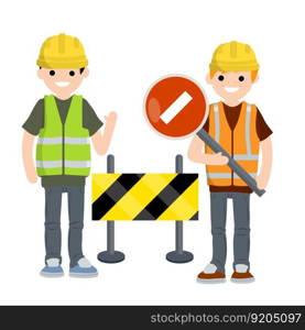 Road works. No-entry sign. barrier and fence. restricted area. Cartoon flat illustration. Two man construction workers in uniform. Closed road. Construction work. Clothing and tools worker