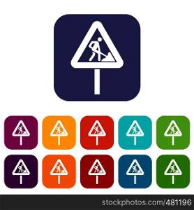 Road works sign icons set vector illustration in flat style in colors red, blue, green, and other. Road works sign icons set