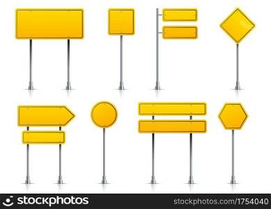Road yellow sign. Realistic highway signage on pole. 3D metal roadside pointers. Isolated types of blank signposts. Street guideposts set for regulation of traffic. Vector signboards with copy space. Road yellow sign. Realistic highway signage on pole. 3D roadside pointers. Isolated types of blank signposts. Guideposts set for regulation of traffic. Vector signboards with copy space