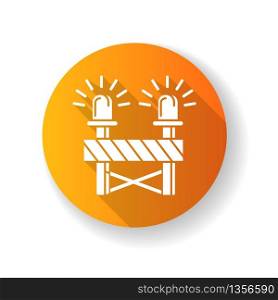 Roadblock with siren orange flat design long shadow glyph icon. Construction works ahead warning. Caution barrier for attention on road. Restricted area block. Silhouette RGB color illustration