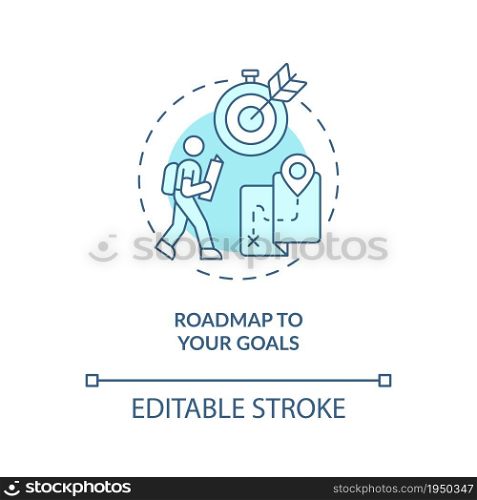 Roadmap to your goals blue concept icon. Define personal path abstract idea thin line illustration. Goal setting. Happiness mindset component. Vector isolated outline color drawing. Editable stroke. Roadmap to your goals blue concept icon