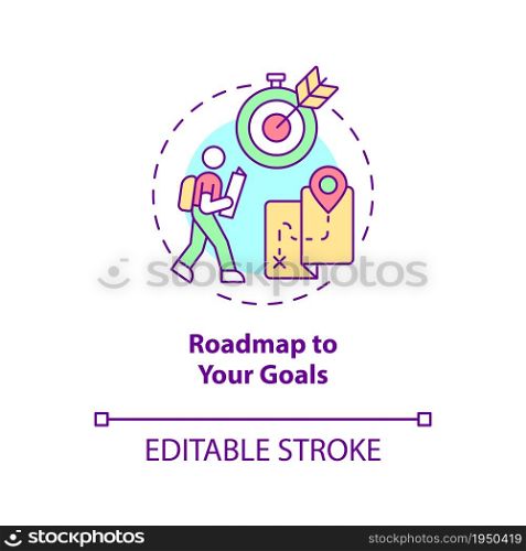 Roadmap to your goals concept icon. Define personal path abstract idea thin line illustration. Goal setting. Happiness mindset component. Vector isolated outline color drawing. Editable stroke. Roadmap to your goals concept icon