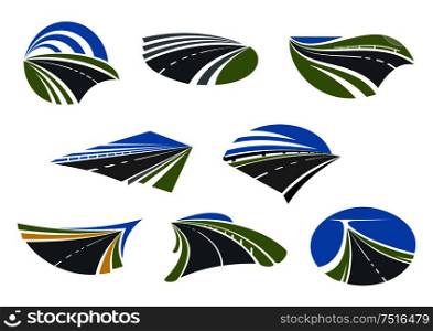 Roads and modern speed highways icons with green and yellow roadsides and blue sky. For travel, vacation or transportation design . Roads and speed highways icons