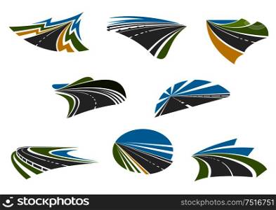 Roads isolated icons for car road trip, traveling and vacation design with coast, mountain and rural highways with colorful nature landscapes. Highway, pathway and roads icons