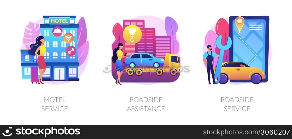 Roadside business abstract concept vector illustration set. Motel service, roadside service and assistance, drive inn, car repair, 24 hour help, truck breakdown, flat tire abstract metaphor.. Roadside business abstract concept vector illustrations.