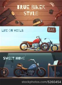Roadster Motorcycle Banners Set. Set of three horizontal rider banners with bikers wear and motorcycle images in garage and outdoors vector illustration
