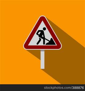 Roadworks sign icon. Flat illustration of roadworks sign vector icon for web isolated on yellow background. Roadworks sign icon, flat style