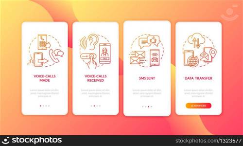 Roaming calls and messages onboarding mobile app page screen with concepts. Data transfer, mobile services walkthrough 4 steps graphic instructions. UI vector template with RGB color illustrations