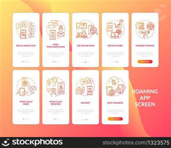 Roaming, telecommunication onboarding mobile app page screen with concepts set. Mobile services walkthrough 5 steps graphic instructions. UI vector template with RGB color illustrations