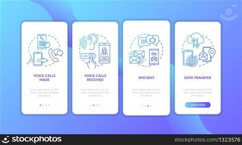 Roaming voice-calls onboarding mobile app page screen with concepts. Data transfer and SMS, mobile services walkthrough 4 steps graphic instructions. UI vector template with RGB color illustrations