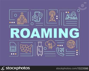 Roaming word, wireless telecommunication concepts banner. Communication service. Infographics with linear icons on purple background. Isolated typography. Vector outline RGB color illustration