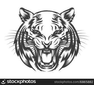 Roaring Tiger head drawn in tattoo style isolated on white. Vector illustration