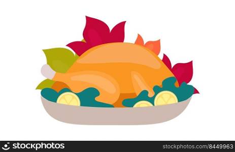 Roast turkey with lemon semi flat color vector object. Full sized item on white. Preparing dish for Thanksgiving dinner. Simple cartoon style illustration for web graphic design and animation. Roast turkey with lemon semi flat color vector object