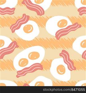 Roasted bacon slices and fried eggs on striped background seamless pattern. Simple design for tee, fabric, stationery. Hand drawn vector illustration for decor and design.