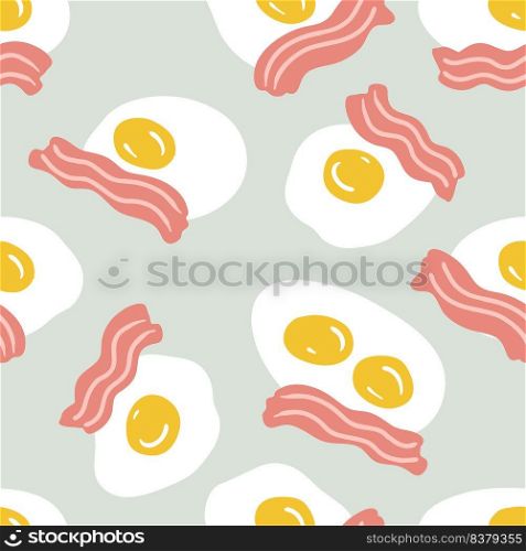 Roasted bacon slices and fried eggs seamless pattern. Food background for any purposes. Hand drawn vector illustration.