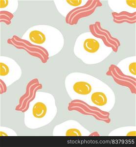 Roasted bacon slices and fried eggs seamless pattern. Food background for any purposes. Hand drawn vector illustration.