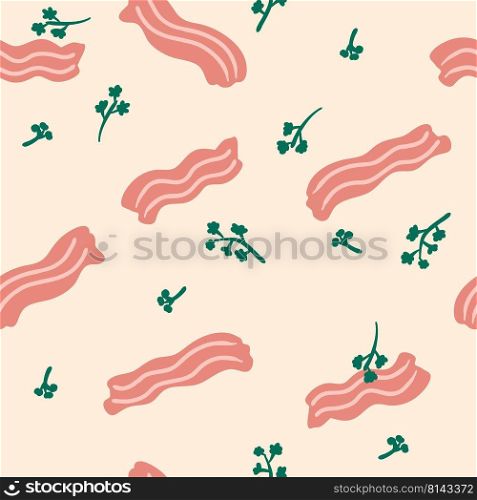 Roasted bacon slices and parsley greens seamless pattern. Simple and great design for any purposes. Hand drawn vector illustration.