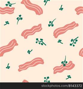 Roasted bacon slices and parsley greens seamless pattern. Simple and great design for any purposes. Hand drawn vector illustration.