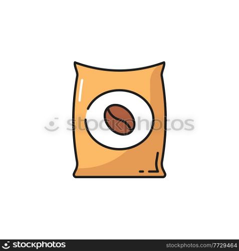Roasted coffee beans in bag or package isolated flat line icon. Vector aroma arabica in paper bag, natural seeds grains. Coffee pack, sack of ingredients to prepare espresso, cappuccino, americano. Package of coffee beans, bag with grinded powder