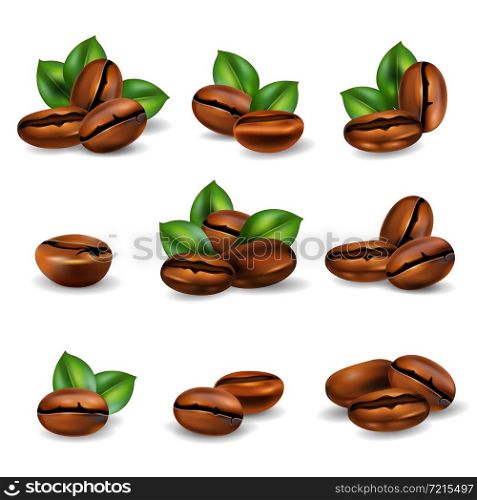 Roasted coffee beans with leaves realistic set isolated on white background vector illustration. Coffee Beans Realistic Set