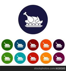 Roasted turkey set icons in different colors isolated on white background. Roasted turkey set icons