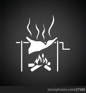 Roasting meat on fire icon. Black background with white. Vector illustration.