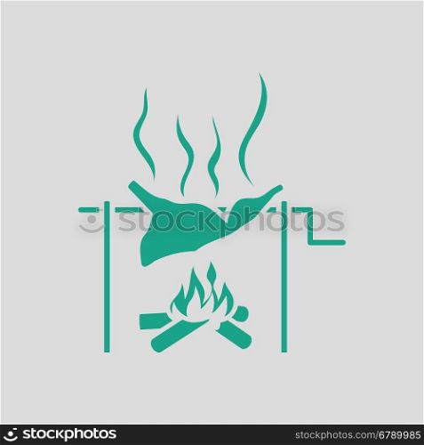 Roasting meat on fire icon. Gray background with green. Vector illustration.