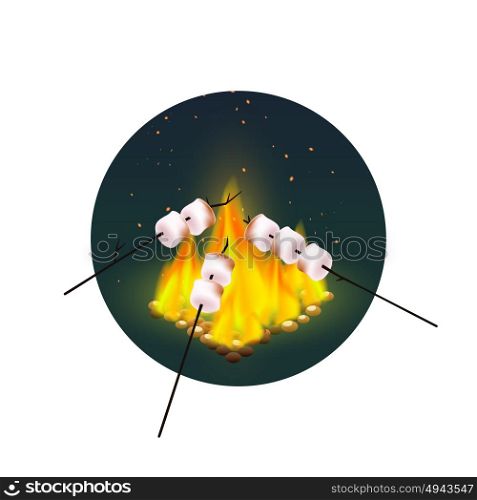 Roasting Of Marshmallows On Bonfire . Round design with roasting of marshmallows on bonfire in evening on white background vector illustration