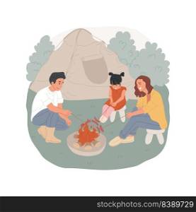 Roasting sausages isolated cartoon vector illustration. Forest adventure, c&cooking, family roasting sausage, parents and kids sit around c&fire, grilling pieces on a stick vector cartoon.. Roasting sausages isolated cartoon vector illustration.