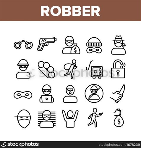 Robber Crime Collection Elements Icons Set Vector Thin Line. Bag Of Money And Mask, Knife And Gun, Brass Knuckles And Scrap Robber Equipment Concept Linear Pictograms. Monochrome Contour Illustrations. Robber Crime Collection Elements Icons Set Vector
