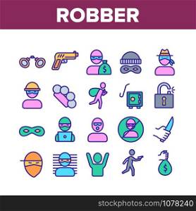 Robber Crime Collection Elements Icons Set Vector Thin Line. Bag Of Money And Mask, Knife And Gun, Brass Knuckles And Scrap Robber Equipment Concept Linear Pictograms. Color Contour Illustrations. Robber Crime Collection Elements Icons Set Vector