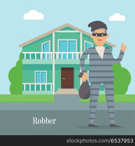 Robber Near Cottage House. Thief with Bag of Money. Robber near cottage house. Thief with bag of money in black mask. Thief in robber suit stole money. Criminal with money in flat style design. Robbery concept. Gangster escape from prison. Vector