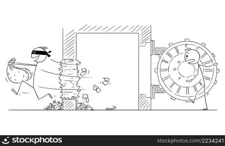 Robber running from robbed bank safe with bags of money, vector cartoon stick figure or character illustration.. Robber Leaving Bank Safe With Bags of Money , Vector Cartoon Stick Figure Illustration