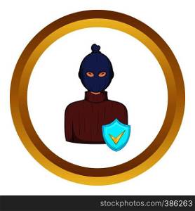 Robbery insurance vector icon in golden circle, cartoon style isolated on white background. Robbery insurance vector icon