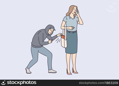 Robbery, thief and crime concept. Young man robber thief in hood trying to steal female belongings from her bag outdoors vector illustration . Robbery, thief and crime concept