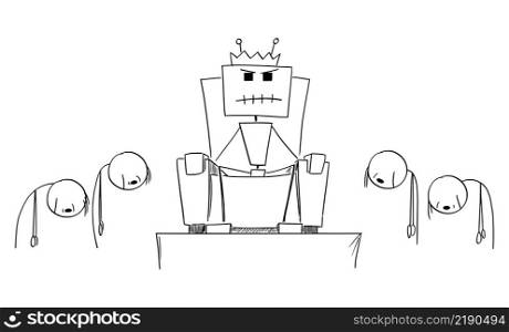 Robot, AI or artificial intelligence as human king sitting on throne, vector cartoon stick figure or character illustration.. Robot, AI or Artificial Intelligence Sitting on Throne as king , Vector Cartoon Stick Figure Illustration