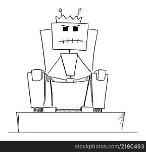 Robot, AI or artificial intelligence as human or world king sitting on throne, vector cartoon stick figure or character illustration.. Robot, AI or Artificial Intelligence Sitting on Throne as King, Vector Cartoon Stick Figure Illustration